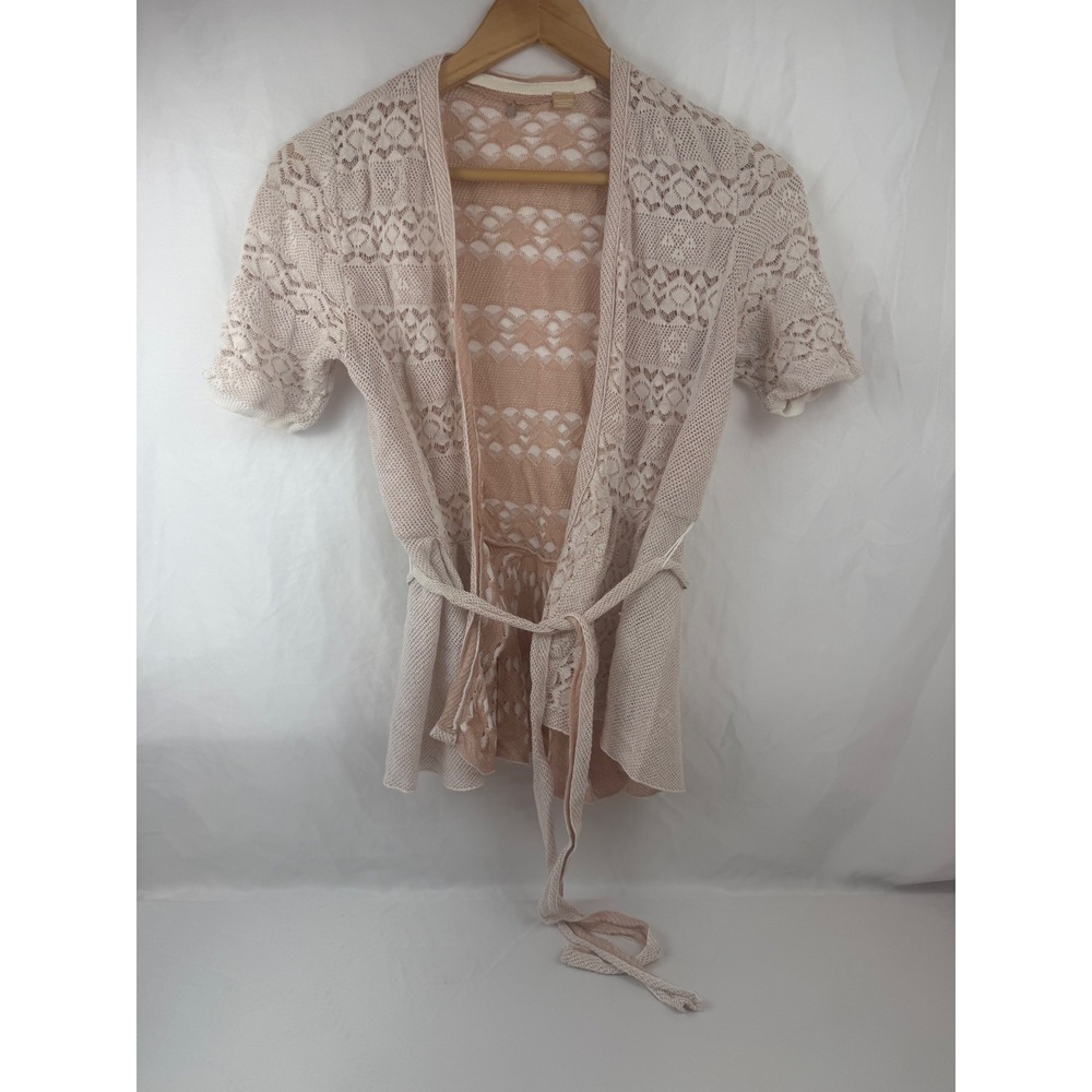 Knitted & Knotted Anthropologie Peach Lace Pointelle Peplum Cardigan Tie Waist S